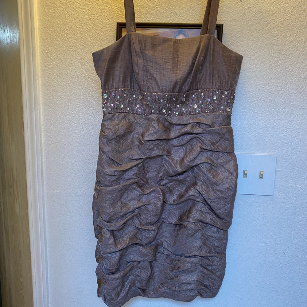 Mauve metallic colored dress with half over jacket